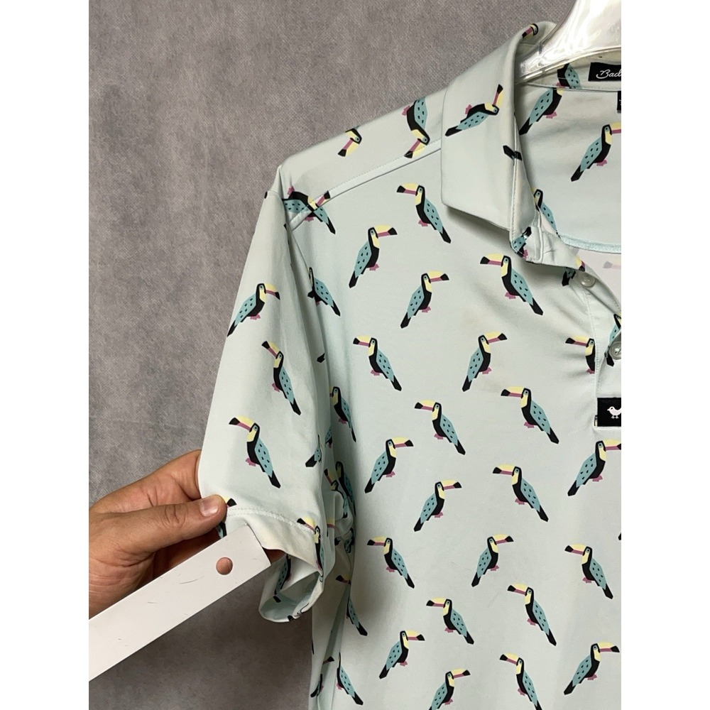 Bad Birdie Polo Shirt Men L Green Toucan Do It Golf AOP Performance Geometric - Picture 6 of 10